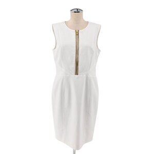 GIZIA Dress Womens Sz 44 White Gold Zipper Cotton Blend Sleeveless Sheath Career